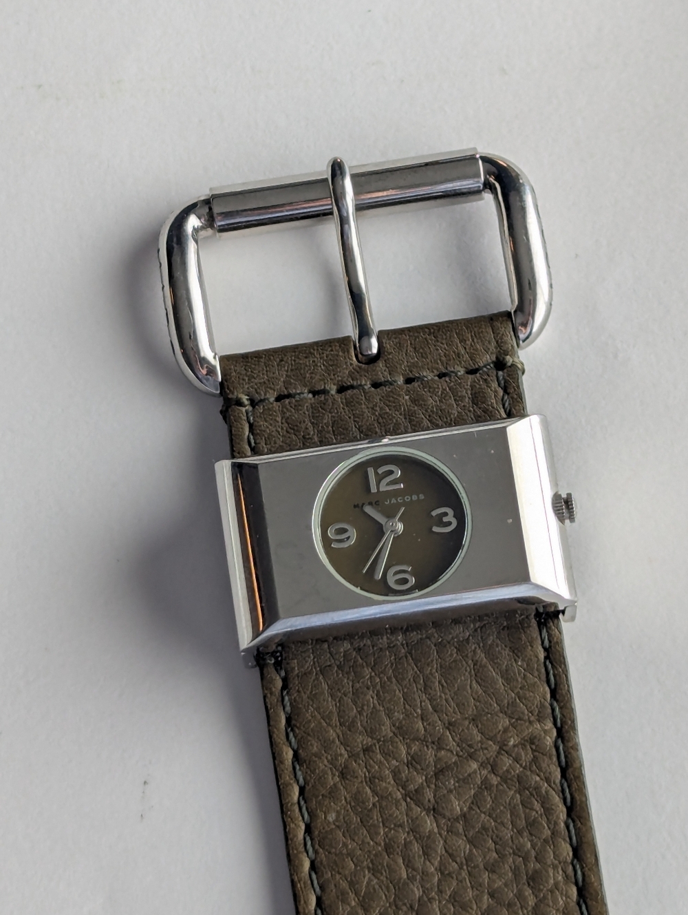 Marc By Marc Jacobs Silver Rectangular Watch Olive Green Leather Strap